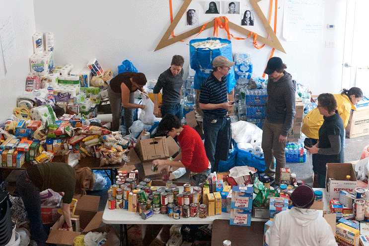 Volunteers organize food donations after Sandy